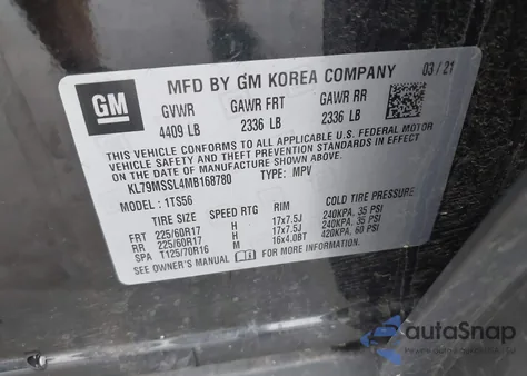 2021 Chevrolet Trailblazer Awd Activ из США, поврежденный, VIN KL79MSSL4MB168780